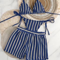 Fashion Stripes 3 in 1 Swimwear Set Lace Up Slim Fit Bikini Bathing Suit Deep-V Sleeveless Knitting Swimsuit Vacation
