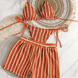 Fashion Stripes 3 in 1 Swimwear Set Lace Up Slim Fit Bikini Bathing Suit Deep-V Sleeveless Knitting Swimsuit Vacation
