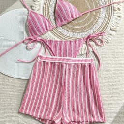 Fashion Stripes 3 in 1 Swimwear Set Lace Up Slim Fit Bikini Bathing Suit Deep-V Sleeveless Knitting Swimsuit Vacation
