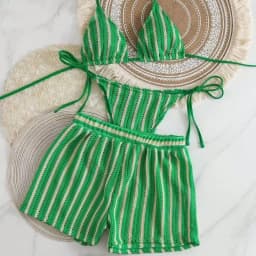 Fashion Stripes 3 in 1 Swimwear Set Lace Up Slim Fit Bikini Bathing Suit Deep-V Sleeveless Knitting Swimsuit Vacation