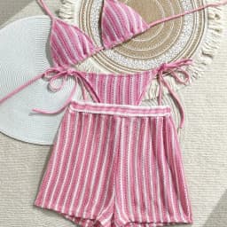 Fashion Stripes 3 in 1 Swimwear Set Lace Up Slim Fit Bikini Bathing Suit Deep-V Sleeveless Knitting Swimsuit Vacation