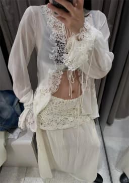 Guobioziy 2026 Women's Shirt Fall New Beige Long-Sleeve Sheer Lace Patchwork Lightweight Romantic Fashionable Unique Flowing