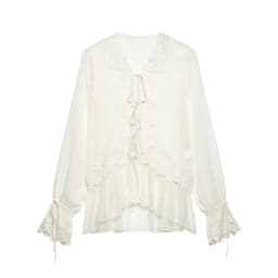 Guobioziy 2026 Women's Shirt Fall New Beige Long-Sleeve Sheer Lace Patchwork Lightweight Romantic Fashionable Unique Flowing