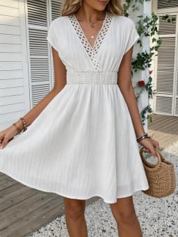 French Lace V-neck Fitted Dress with Waistline and Short Puff Sleeves. Striped Texture Short Skirt with Vertical Lines. Beach-st