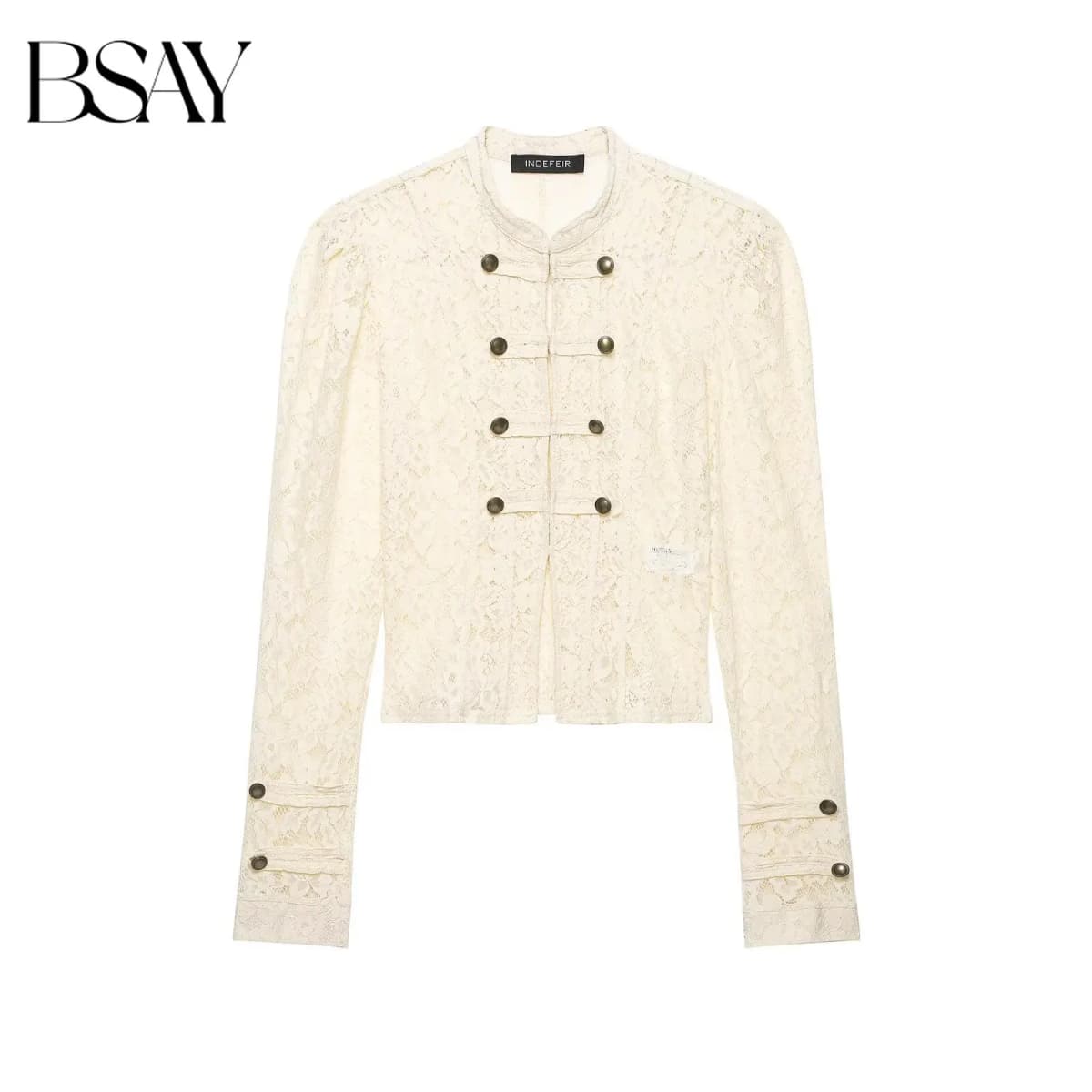 BSAY French Vintage Floral Lace Cropped Jacket Mandarin Collar Frog Knot Buttons Puff Long Sleeve Slim Retro Outerwear For Women