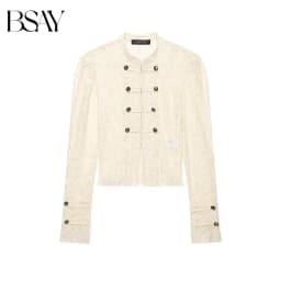 BSAY French Vintage Floral Lace Cropped Jacket Mandarin Collar Frog Knot Buttons Puff Long Sleeve Slim Retro Outerwear For Women