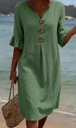 2026 Amazon European and American Cross-Border Spring and Summer New Cotton and Linen V-Neck Dress with Large Buttons and Ruffle