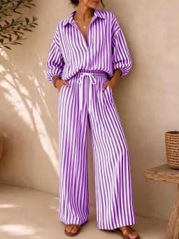 Women's Summer Striped V-Neck 3/4 Sleeve Top + Drawstring Straight-Leg Pants Set – Breathable, Elegant, Loose-Fit Casual Wear