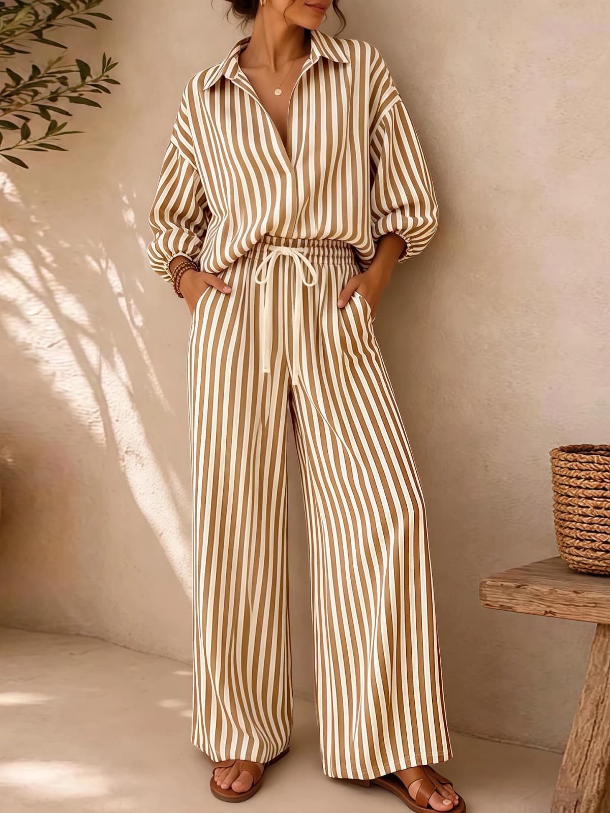 Women's Summer Striped V-Neck 3/4 Sleeve Top + Drawstring Straight-Leg Pants Set – Breathable, Elegant, Loose-Fit Casual Wear