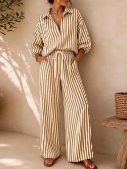Women's Summer Striped V-Neck 3/4 Sleeve Top + Drawstring Straight-Leg Pants Set – Breathable, Elegant, Loose-Fit Casual Wear