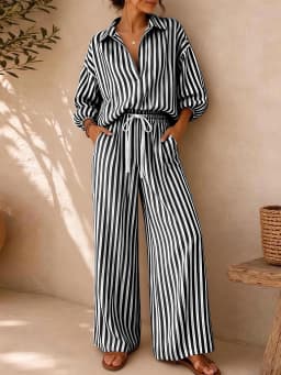 Women's Summer Striped V-Neck 3/4 Sleeve Top + Drawstring Straight-Leg Pants Set – Breathable, Elegant, Loose-Fit Casual Wear