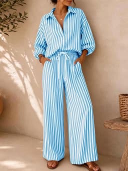 Women's Summer Striped V-Neck 3/4 Sleeve Top + Drawstring Straight-Leg Pants Set – Breathable, Elegant, Loose-Fit Casual Wear
