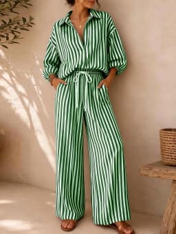 Women's Summer Striped V-Neck 3/4 Sleeve Top + Drawstring Straight-Leg Pants Set – Breathable, Elegant, Loose-Fit Casual Wear