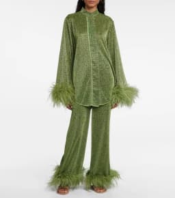 New Women's Feathers Splice Two Piece Sets Solid Stand Collar Button Long Sleeve Shirt Pants Suit Spring Elegant Women Outfits