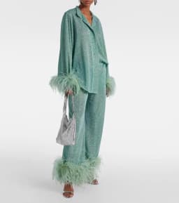 New Women's Feathers Splice Two Piece Sets Solid Stand Collar Button Long Sleeve Shirt Pants Suit Spring Elegant Women Outfits