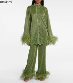 New Women's Feathers Splice Two Piece Sets Solid Stand Collar Button Long Sleeve Shirt Pants Suit Spring Elegant Women Outfits