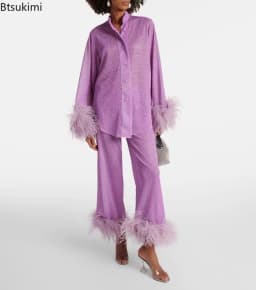 New Women's Feathers Splice Two Piece Sets Solid Stand Collar Button Long Sleeve Shirt Pants Suit Spring Elegant Women Outfits