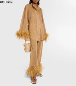 New Women's Feathers Splice Two Piece Sets Solid Stand Collar Button Long Sleeve Shirt Pants Suit Spring Elegant Women Outfits