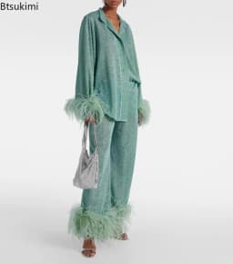 New Women's Feathers Splice Two Piece Sets Solid Stand Collar Button Long Sleeve Shirt Pants Suit Spring Elegant Women Outfits