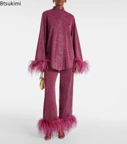 New Women's Feathers Splice Two Piece Sets Solid Stand Collar Button Long Sleeve Shirt Pants Suit Spring Elegant Women Outfits
