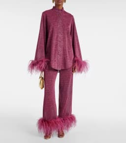 New Women's Feathers Splice Two Piece Sets Solid Stand Collar Button Long Sleeve Shirt Pants Suit Spring Elegant Women Outfits
