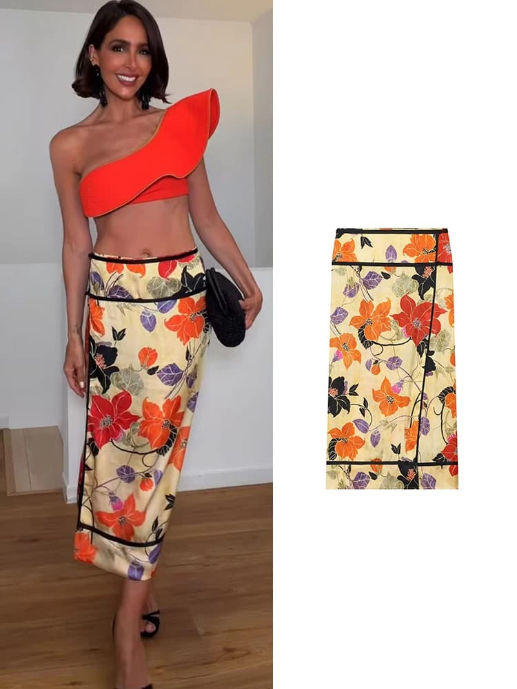 TFMLN Women Vintage Floral Print Midi Skirt Front Split Hem Straight High-Waisted 2026 Summer Pencil Skirt Chic Casual Lady New