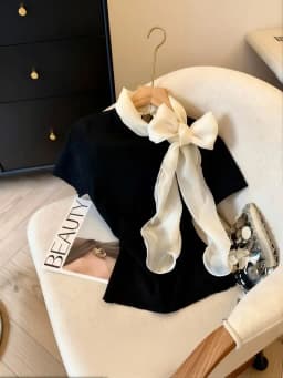 Knit Summer Short Sleeve Tee Women Elegant Luxury Bow Tied T Shirt Korean Sweet Work Wear Basic Plain Shirt Slim Fitted Pullover
