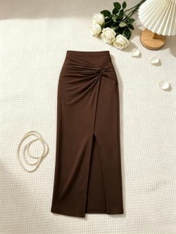 2 Piece Women Strapless Side Drawstring Ruffle Hem Crop Top Twist Front High Slit Midi Skirt Set Solid Brown Slim Bodycon Two Pi