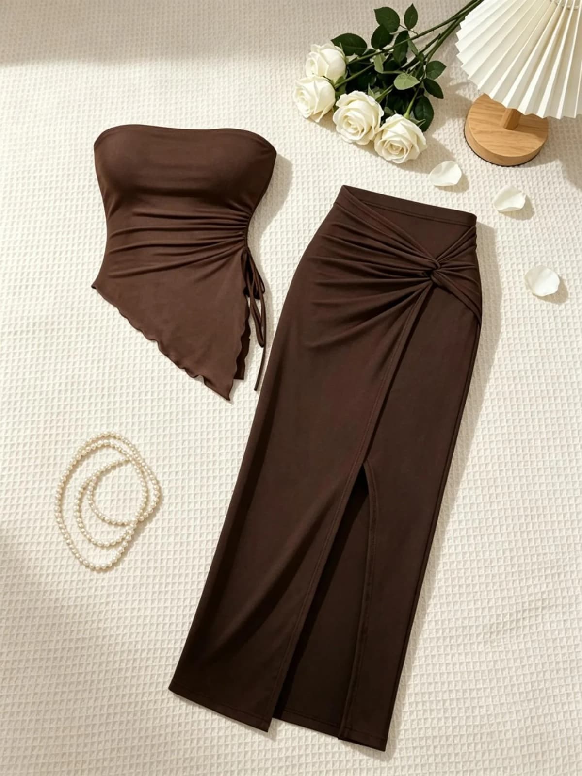 2 Piece Women Strapless Side Drawstring Ruffle Hem Crop Top Twist Front High Slit Midi Skirt Set Solid Brown Slim Bodycon Two Pi
