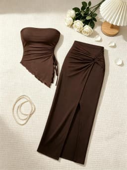 2 Piece Women Strapless Side Drawstring Ruffle Hem Crop Top Twist Front High Slit Midi Skirt Set Solid Brown Slim Bodycon Two Pi