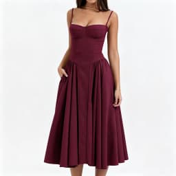 Women French Spaghetti Strap Midi Dress Bustier Corset Waist Swing Sundress Vintage Elegant A Line Long Dress Summer Casual
