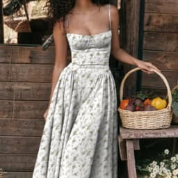 Women French Spaghetti Strap Midi Dress Bustier Corset Waist Swing Sundress Vintage Elegant A Line Long Dress Summer Casual