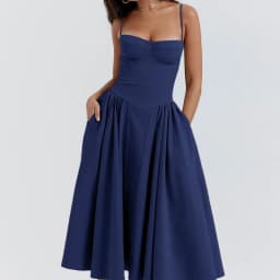 Women French Spaghetti Strap Midi Dress Bustier Corset Waist Swing Sundress Vintage Elegant A Line Long Dress Summer Casual