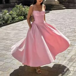 Women French Spaghetti Strap Midi Dress Bustier Corset Waist Swing Sundress Vintage Elegant A Line Long Dress Summer Casual