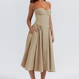 Women French Spaghetti Strap Midi Dress Bustier Corset Waist Swing Sundress Vintage Elegant A Line Long Dress Summer Casual