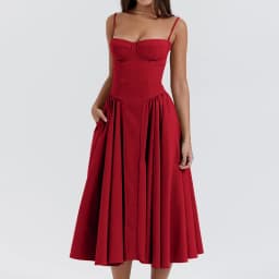 Women French Spaghetti Strap Midi Dress Bustier Corset Waist Swing Sundress Vintage Elegant A Line Long Dress Summer Casual