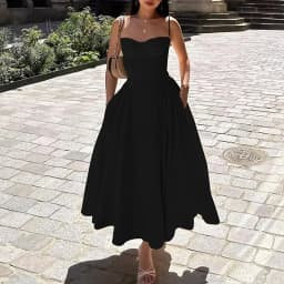 Women French Spaghetti Strap Midi Dress Bustier Corset Waist Swing Sundress Vintage Elegant A Line Long Dress Summer Casual