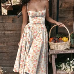 Women French Spaghetti Strap Midi Dress Bustier Corset Waist Swing Sundress Vintage Elegant A Line Long Dress Summer Casual