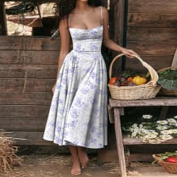 Women French Spaghetti Strap Midi Dress Bustier Corset Waist Swing Sundress Vintage Elegant A Line Long Dress Summer Casual