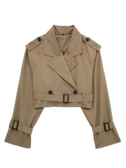 HH 2025 Women Belt Cropped Trench Spring Jacket Vintage Streetwear Double Breasted Long Sleeve Top Female Coat Outfits
