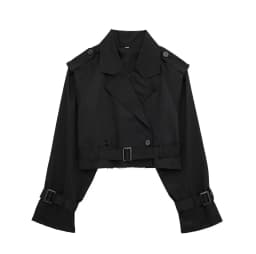 HH 2025 Women Belt Cropped Trench Spring Jacket Vintage Streetwear Double Breasted Long Sleeve Top Female Coat Outfits
