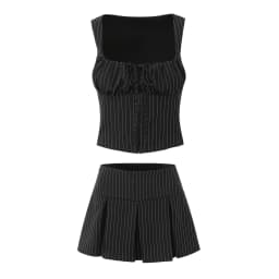 Black Striped Bow Ruched Chest Hook Buttons Crop Top Women Low Waist Package Hips Pleated Mini Skirt Suits 2 Pieces 1 Set