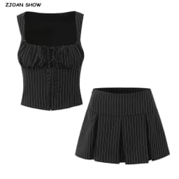 Black Striped Bow Ruched Chest Hook Buttons Crop Top Women Low Waist Package Hips Pleated Mini Skirt Suits 2 Pieces 1 Set