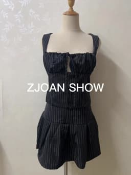 Black Striped Bow Ruched Chest Hook Buttons Crop Top Women Low Waist Package Hips Pleated Mini Skirt Suits 2 Pieces 1 Set