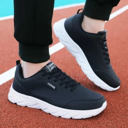 Men's Running Shoes Black PU Upper Flat and Comfortable Walking Shoes Lightweight and Wide Footed Casual Sports Leather Shoes