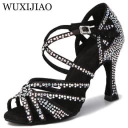 WUXIJIAO Women Party Dance Shoes Satin Shining Rhinestones Soft Bottom Latin Dance Shoes Woman Salsa Dance Shoes Heel