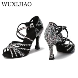 WUXIJIAO Women Party Dance Shoes Satin Shining Rhinestones Soft Bottom Latin Dance Shoes Woman Salsa Dance Shoes Heel