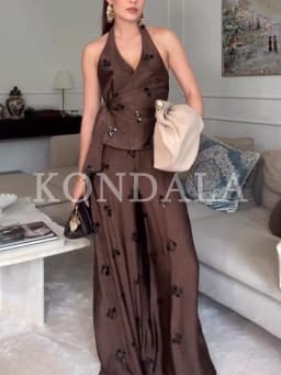 Women Elegant Bead Embroidered Pants Set KONDALA 2026 Summer Trendy Halter Vest,Wide-Leg Pants Lady High Street Holiday Pant Set