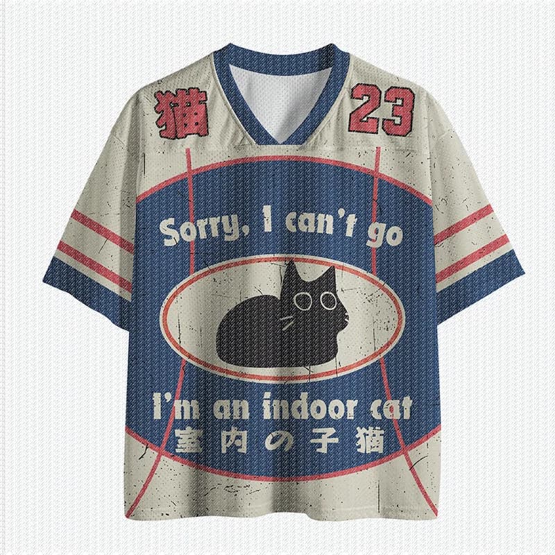 V Neck Vintage Beige Blue Red Mesh Jersey T Shirt Black Cat Oval Graphic Number 23 Retro Casual Streetwear Top