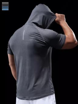 Summer GYM Sport Hooded Running Men T shirt Fitness Slim fit compression elastic Short sleeve Quick Dry Bodybuilding Tshirt